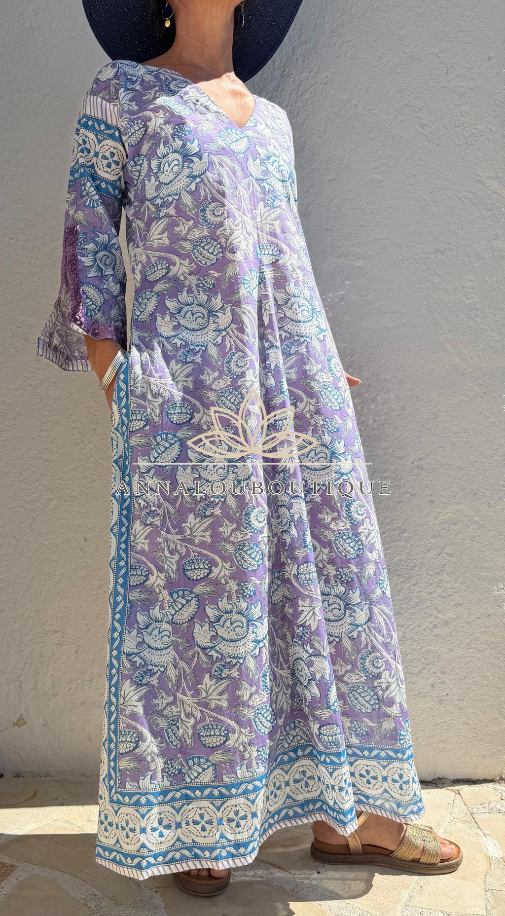 Mauve & Blue Floral Print Maxi Dress, Soft Cotton Summer Resort Wear, Beach Cover Up, Handmade Fashion with Sequin Lace Sleeves