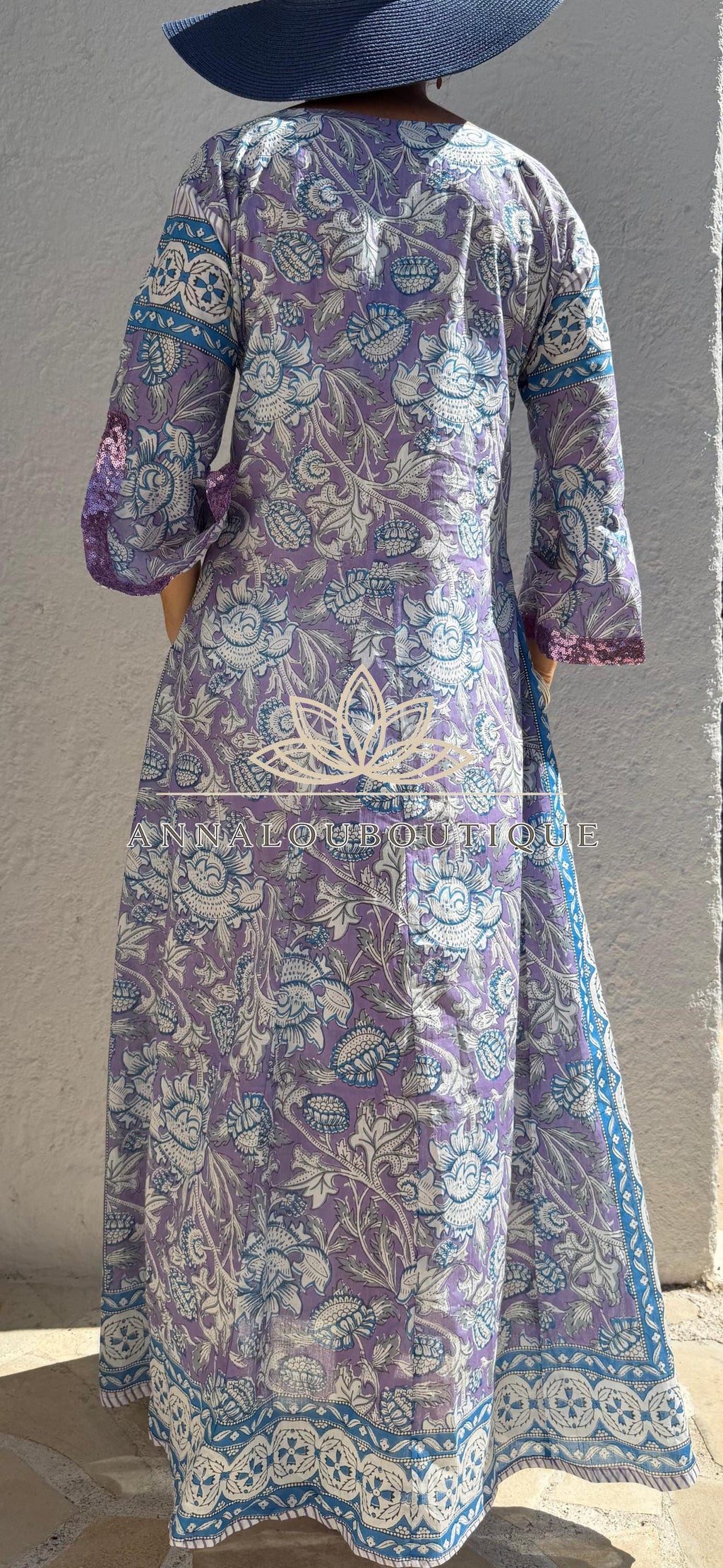 Mauve & Blue Floral Print Maxi Dress, Soft Cotton Summer Resort Wear, Beach Cover Up, Handmade Fashion with Sequin Lace Sleeves