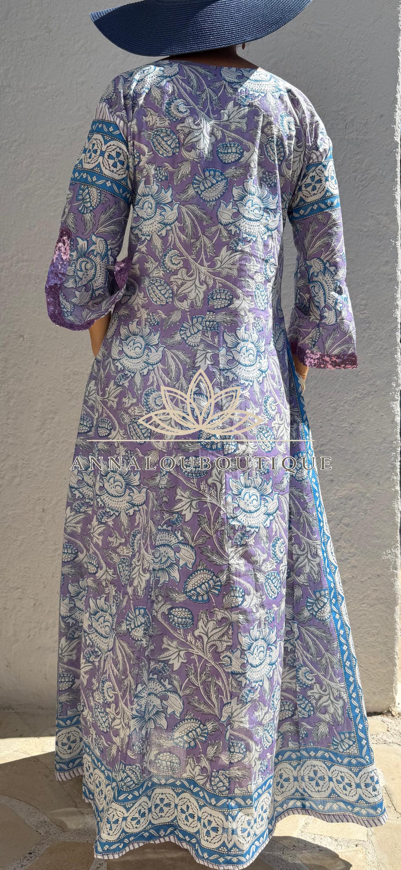 Mauve & Blue Floral Print Maxi Dress, Soft Cotton Summer Resort Wear, Beach Cover Up, Handmade Fashion with Sequin Lace Sleeves
