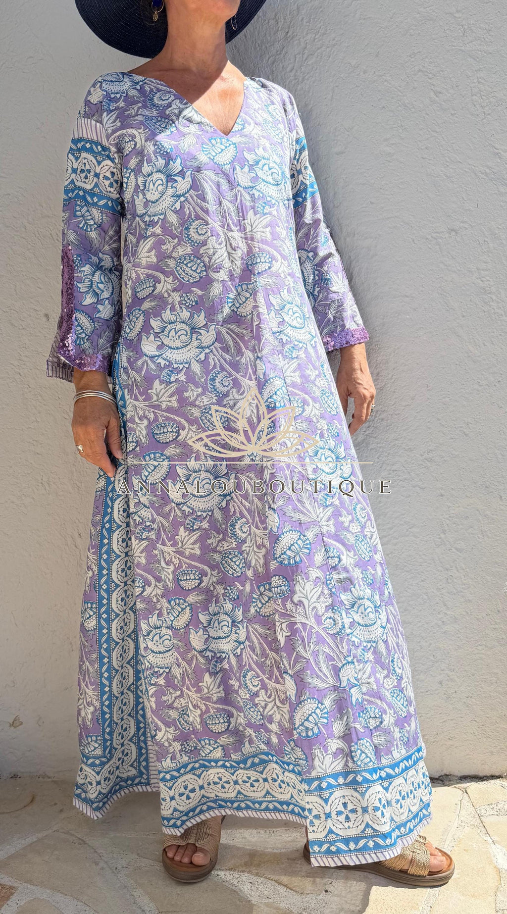 Mauve & Blue Floral Print Maxi Dress, Soft Cotton Summer Resort Wear, Beach Cover Up, Handmade Fashion with Sequin Lace Sleeves