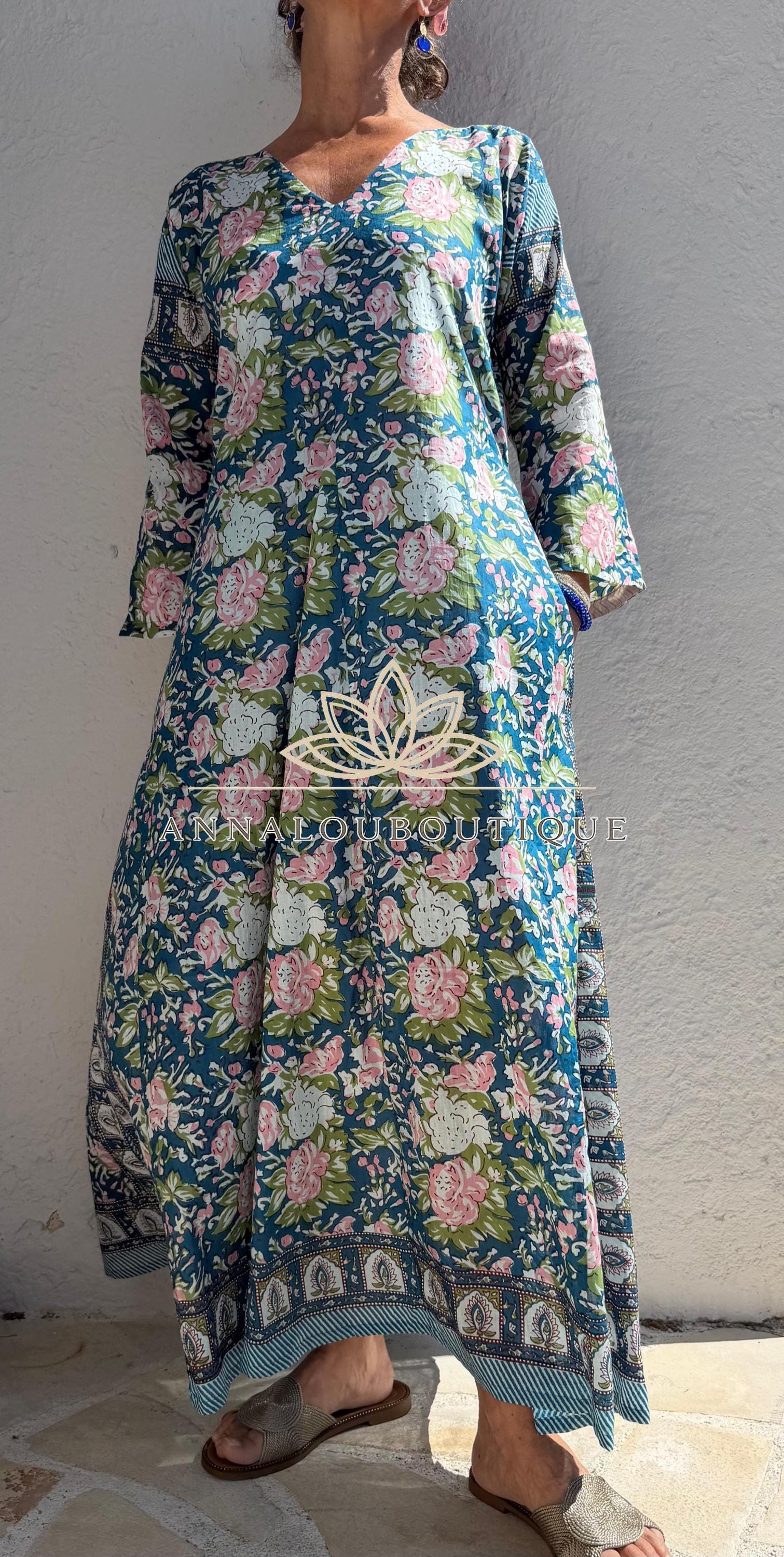 Pink Blue Floral Kaftan Dress, Soft Cotton Beach Cover Up, Flowy Summer Maxi Dress, Bohemian Resort Wear, Handmade Cotton Fashion