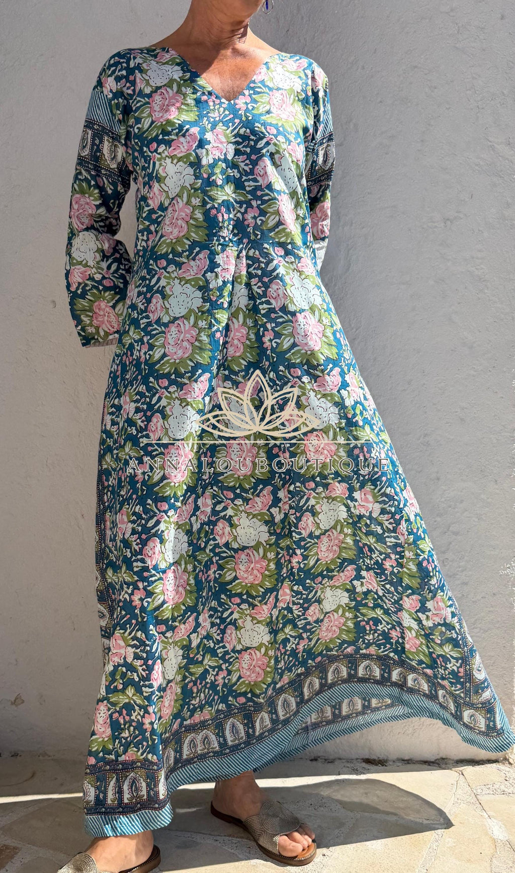 Pink Blue Floral Kaftan Dress, Soft Cotton Beach Cover Up, Flowy Summer Maxi Dress, Bohemian Resort Wear, Handmade Cotton Fashion