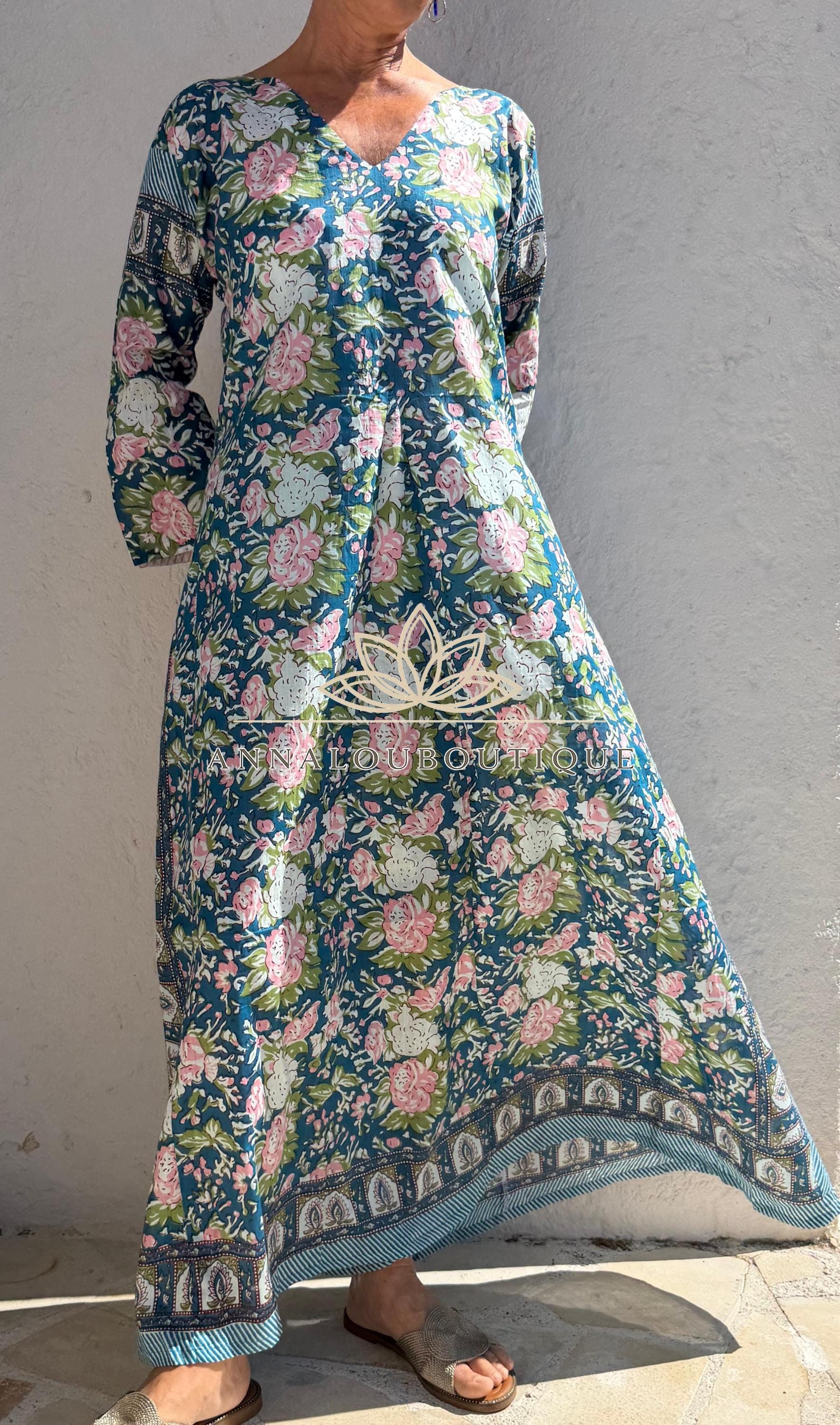 Pink Blue Floral Kaftan Dress, Soft Cotton Beach Cover Up, Flowy Summer Maxi Dress, Bohemian Resort Wear, Handmade Cotton Fashion