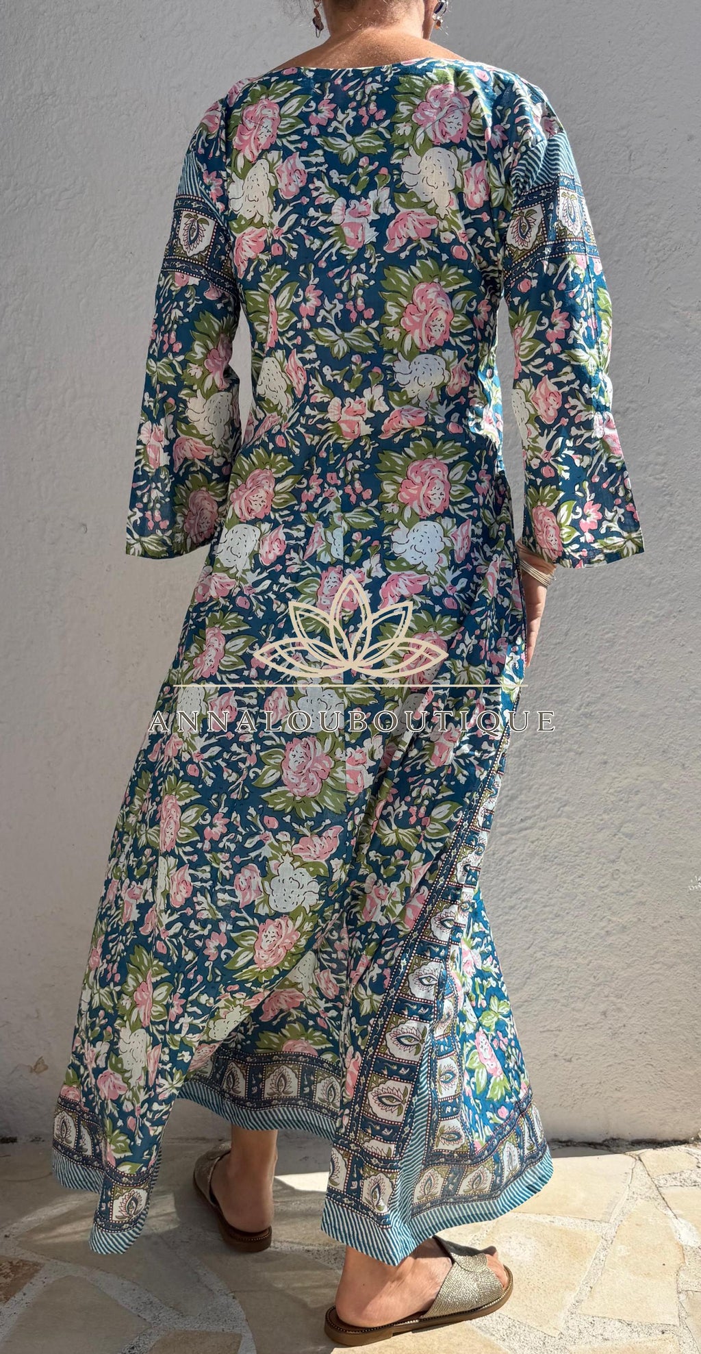 Pink Blue Floral Kaftan Dress, Soft Cotton Beach Cover Up, Flowy Summer Maxi Dress, Bohemian Resort Wear, Handmade Cotton Fashion