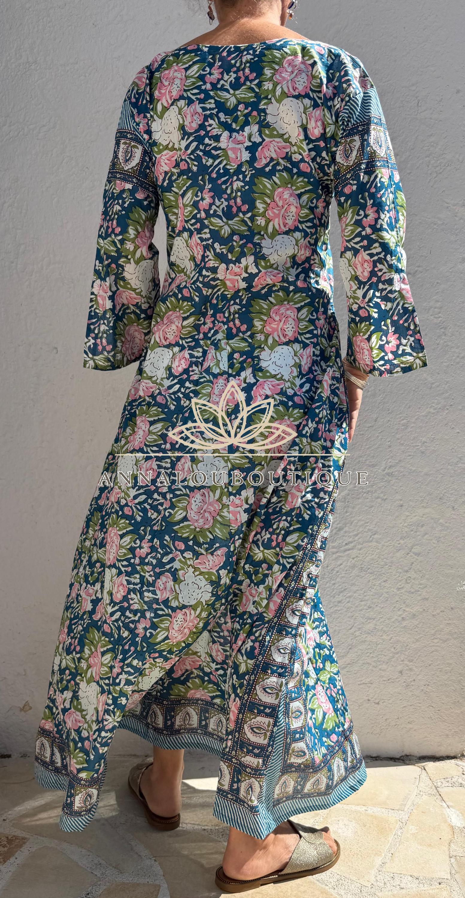 Pink Blue Floral Kaftan Dress, Soft Cotton Beach Cover Up, Flowy Summer Maxi Dress, Bohemian Resort Wear, Handmade Cotton Fashion