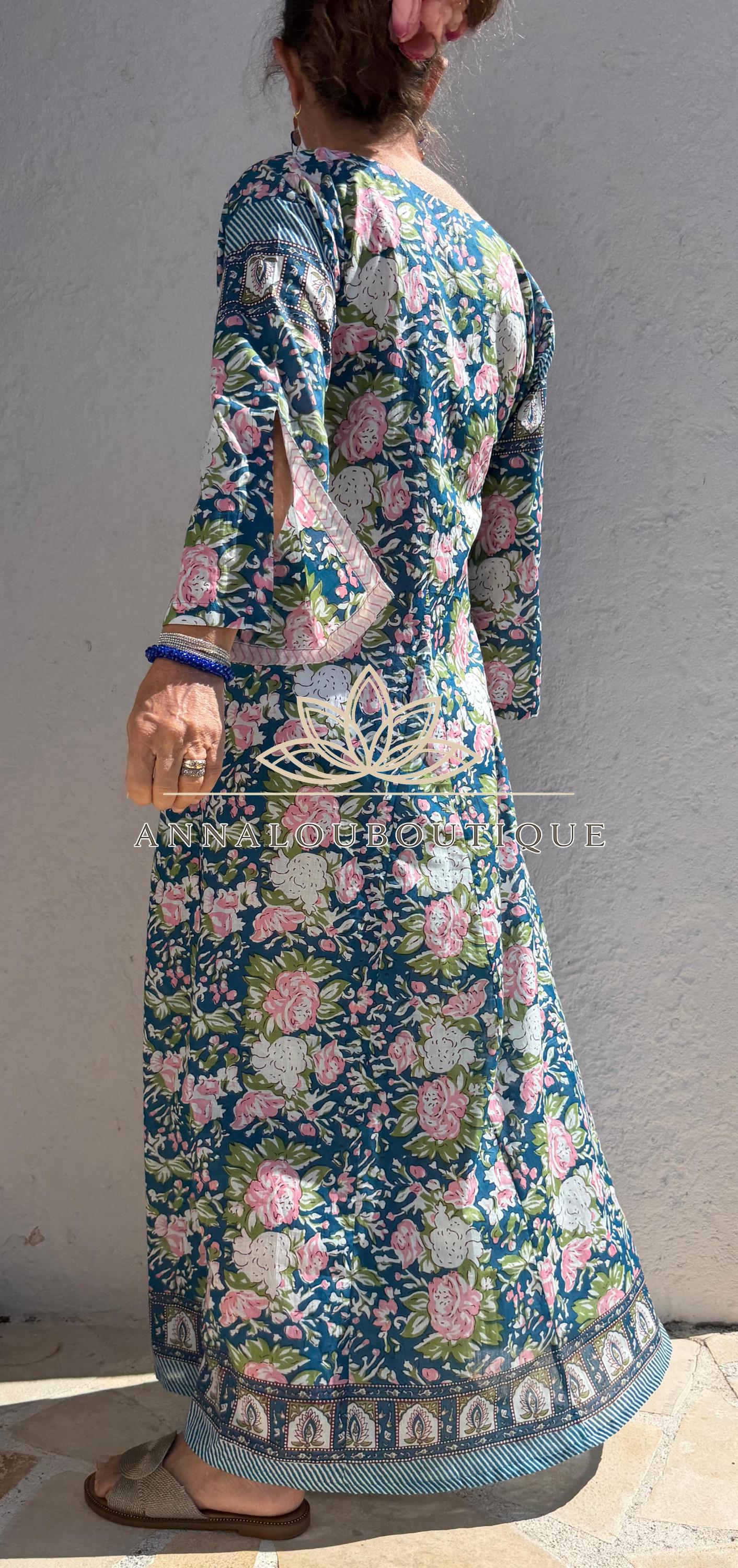 Pink Blue Floral Kaftan Dress, Soft Cotton Beach Cover Up, Flowy Summer Maxi Dress, Bohemian Resort Wear, Handmade Cotton Fashion