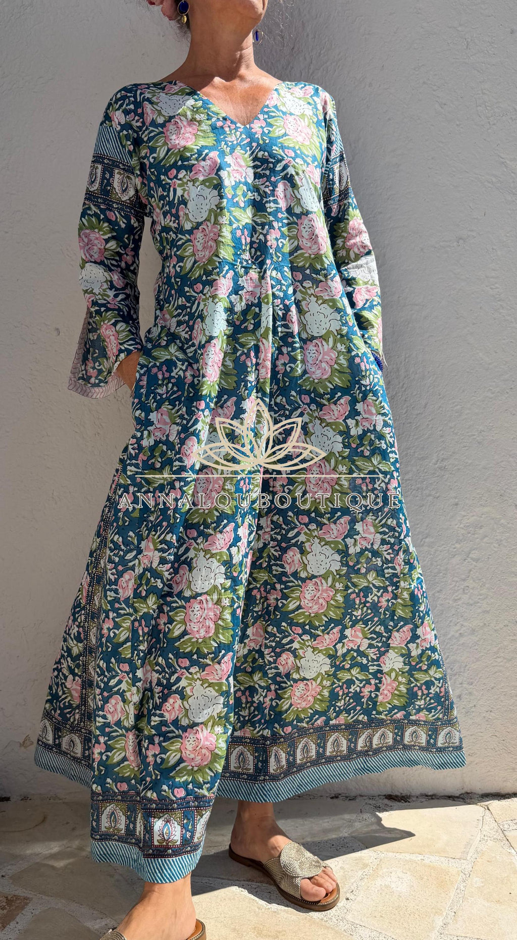 Pink Blue Floral Kaftan Dress, Soft Cotton Beach Cover Up, Flowy Summer Maxi Dress, Bohemian Resort Wear, Handmade Cotton Fashion