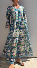 Pink Blue Floral Kaftan Dress, Soft Cotton Beach Cover Up, Flowy Summer Maxi Dress, Bohemian Resort Wear, Handmade Cotton Fashion