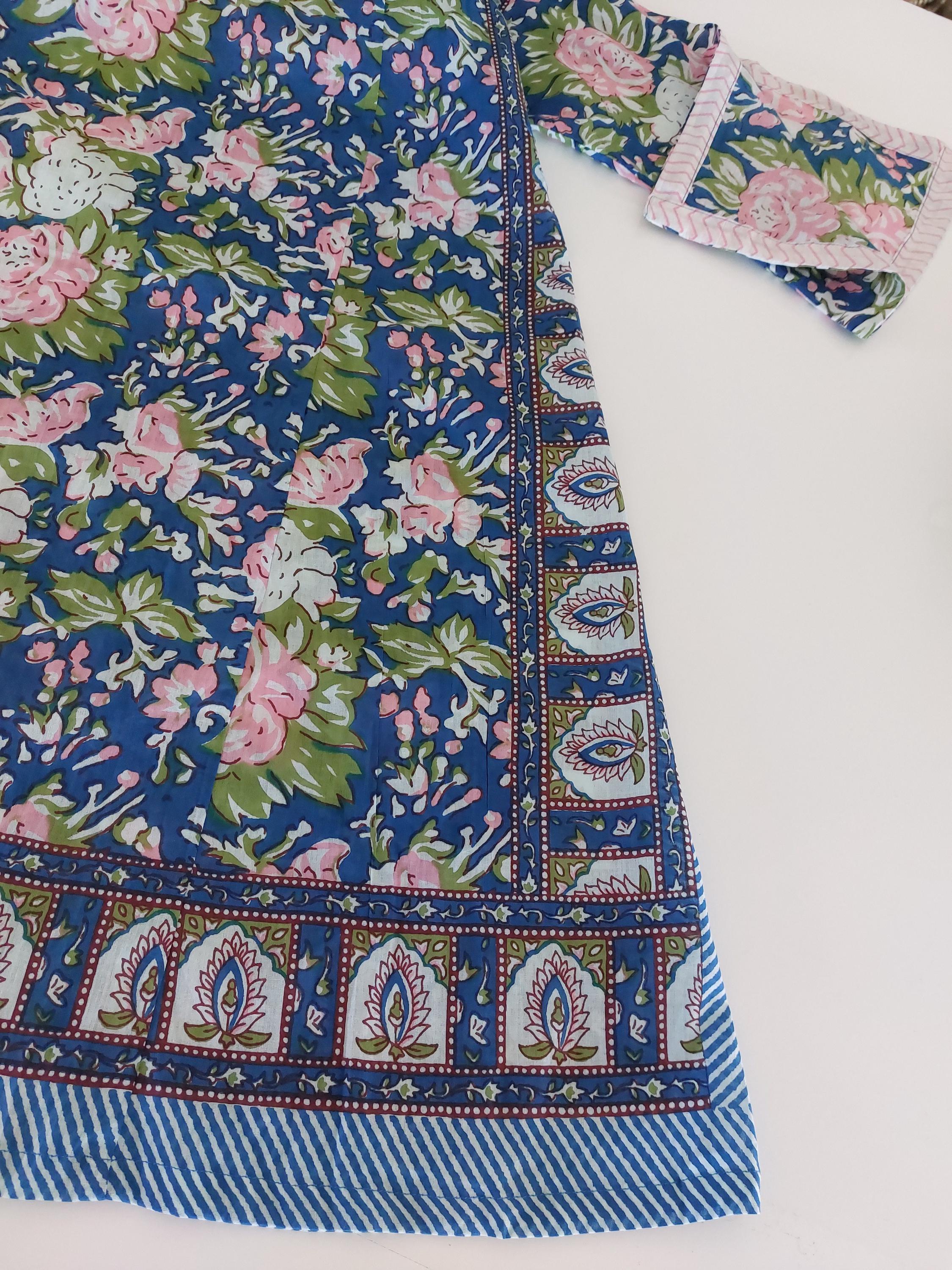 Pink Blue Floral Kaftan Dress, Soft Cotton Beach Cover Up, Flowy Summer Maxi Dress, Bohemian Resort Wear, Handmade Cotton Fashion