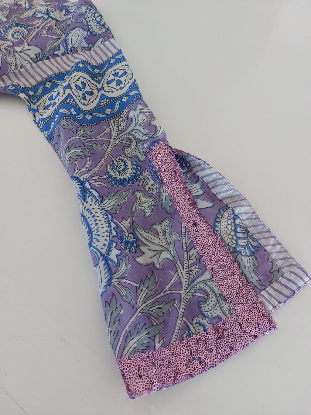 Mauve & Blue Floral Print Maxi Dress, Soft Cotton Summer Resort Wear, Beach Cover Up, Handmade Fashion with Sequin Lace Sleeves