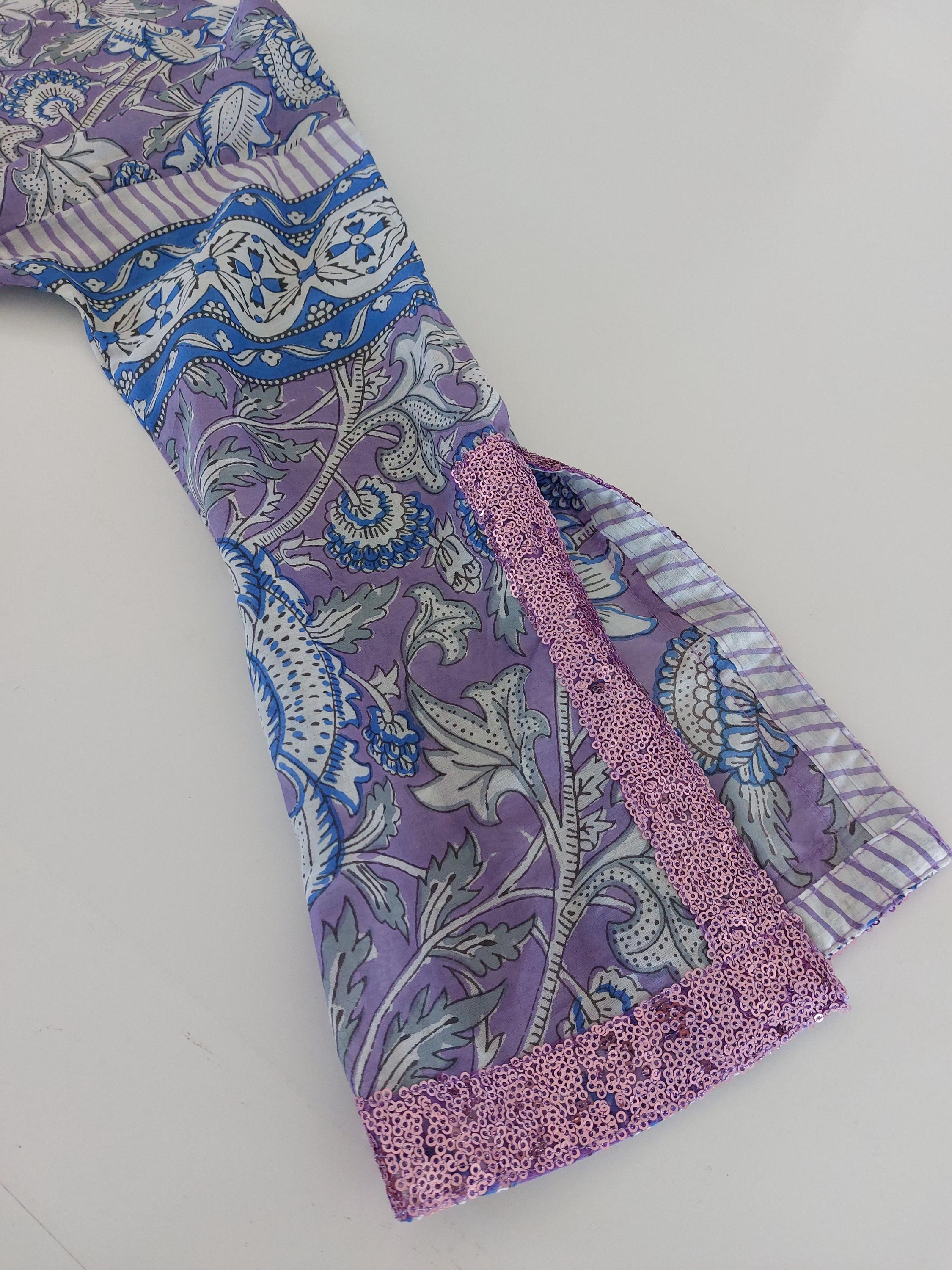 Mauve & Blue Floral Print Maxi Dress, Soft Cotton Summer Resort Wear, Beach Cover Up, Handmade Fashion with Sequin Lace Sleeves