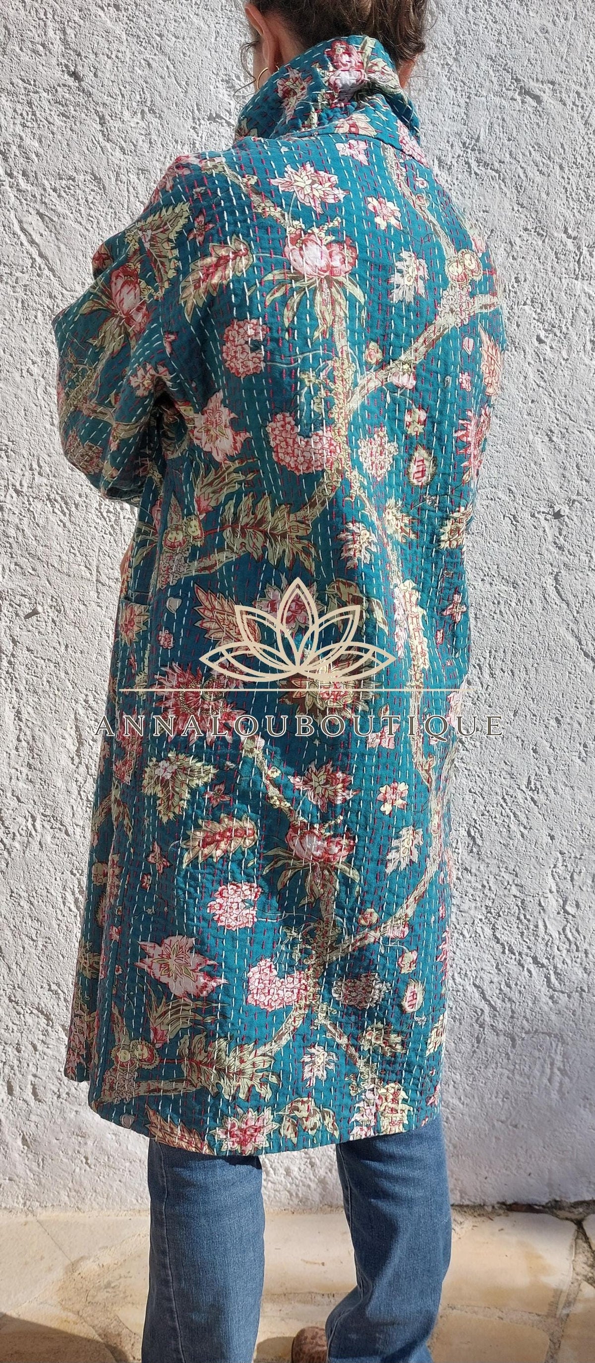 Boho Chic Oversized Jacket – Teal Hydrangea Statement Coat with Large Collar & Sleeves