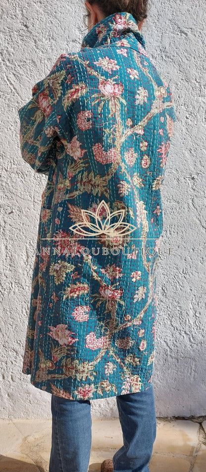 Boho Chic Oversized Jacket – Teal Hydrangea Statement Coat with Large Collar & Sleeves