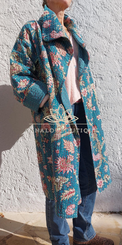 Boho Chic Oversized Jacket – Teal Hydrangea Statement Coat with Large Collar & Sleeves
