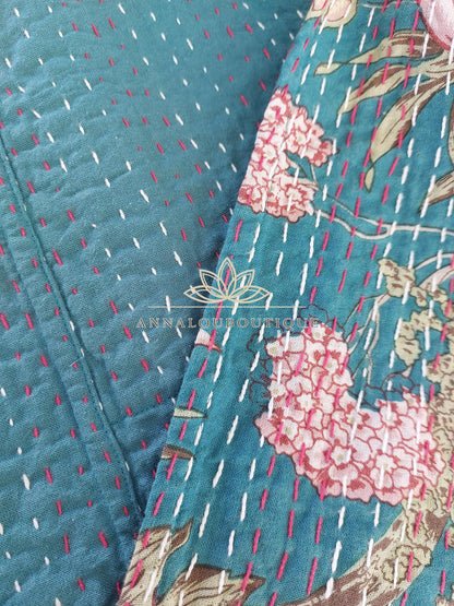 Boho Chic Oversized Jacket – Teal Hydrangea Statement Coat with Large Collar & Sleeves