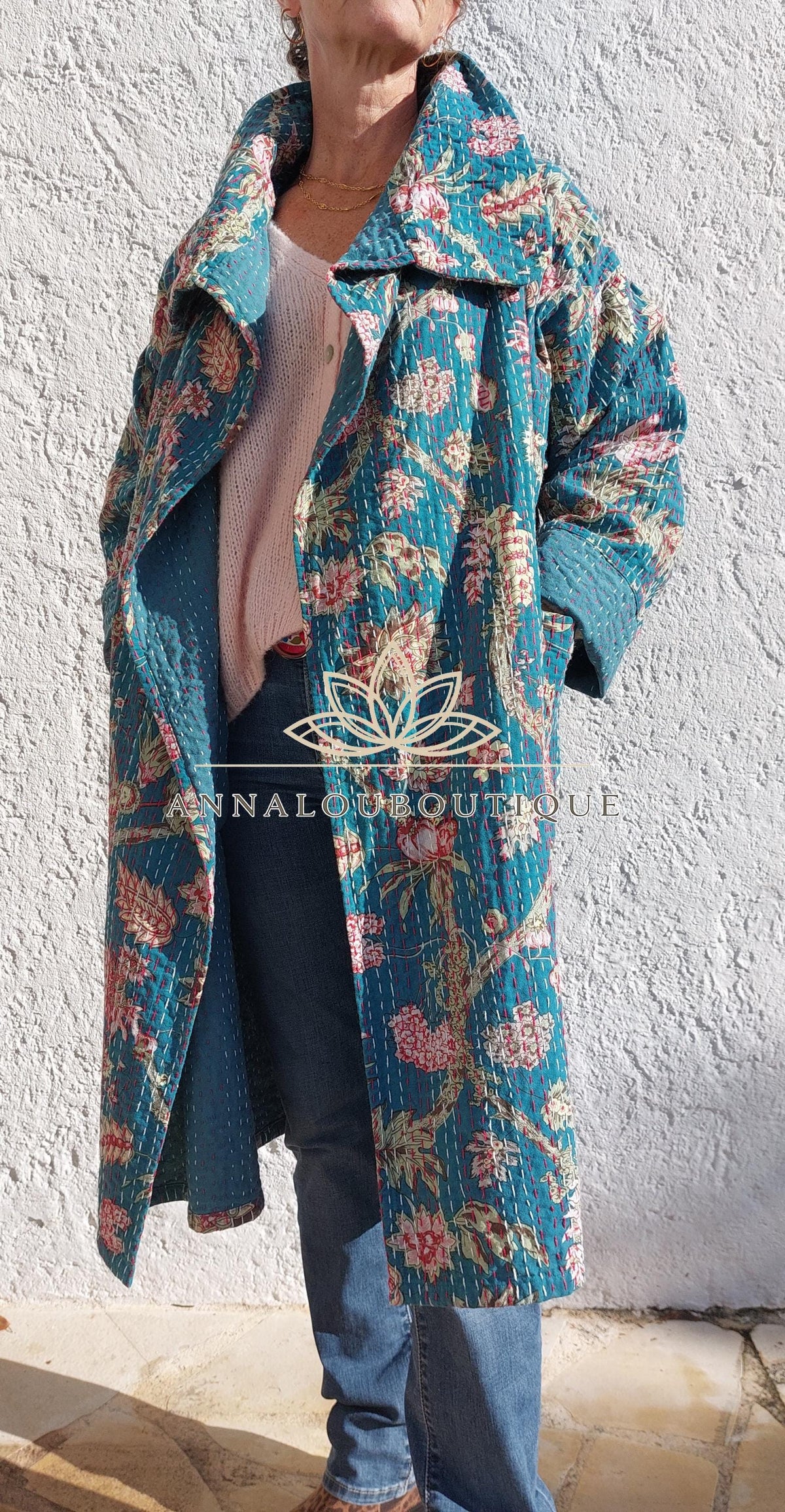 Boho Chic Oversized Jacket – Teal Hydrangea Statement Coat with Large Collar & Sleeves