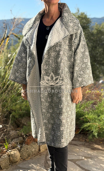 Boho Chic Oversized Jacket – Grey Floral Hand Block Statement Coat