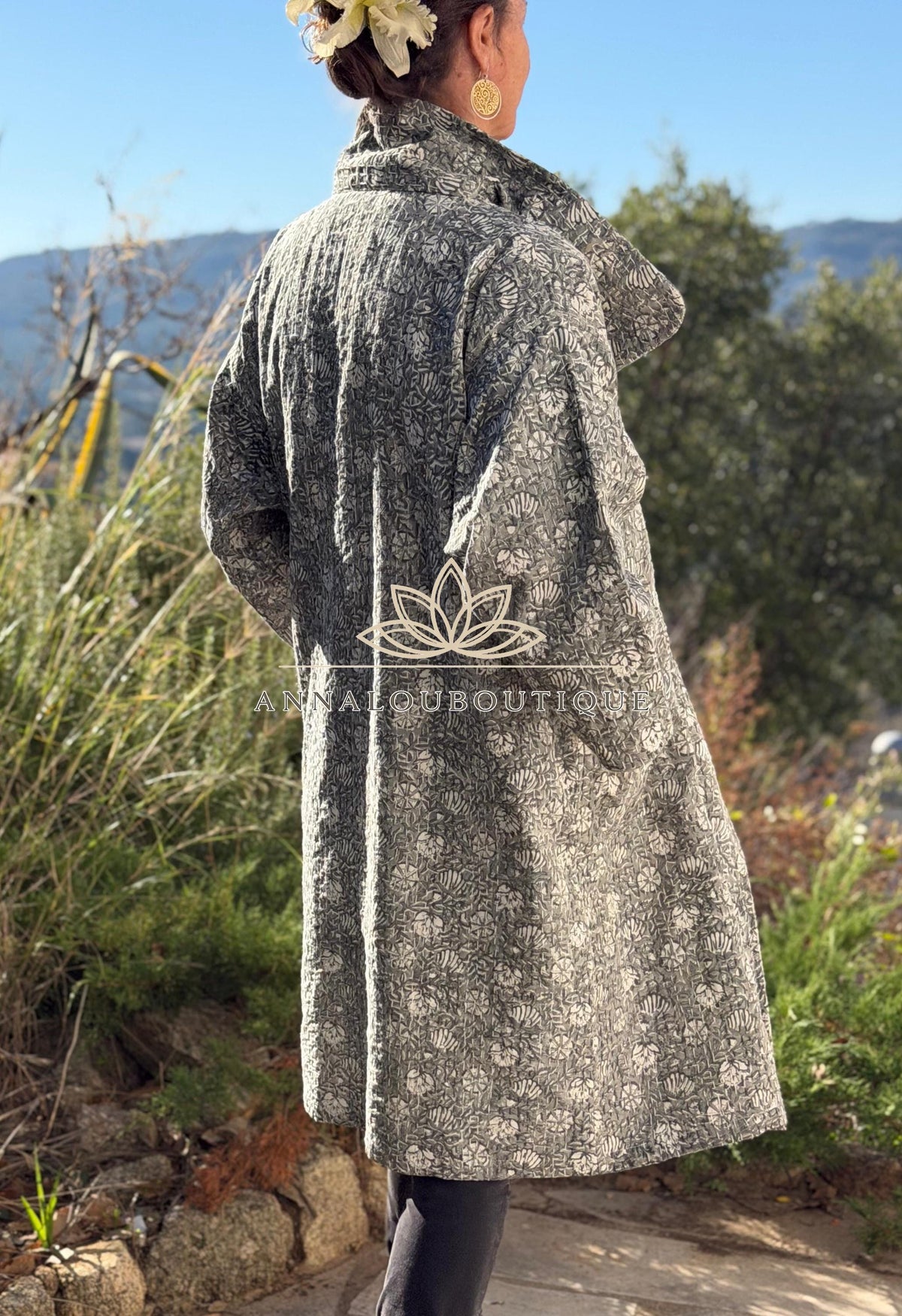 Boho Chic Oversized Jacket – Grey Floral Hand Block Statement Coat