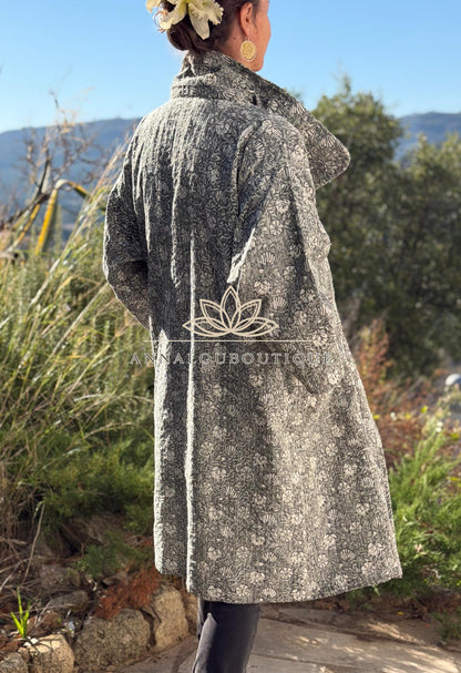 Boho Chic Oversized Jacket – Grey Floral Hand Block Statement Coat
