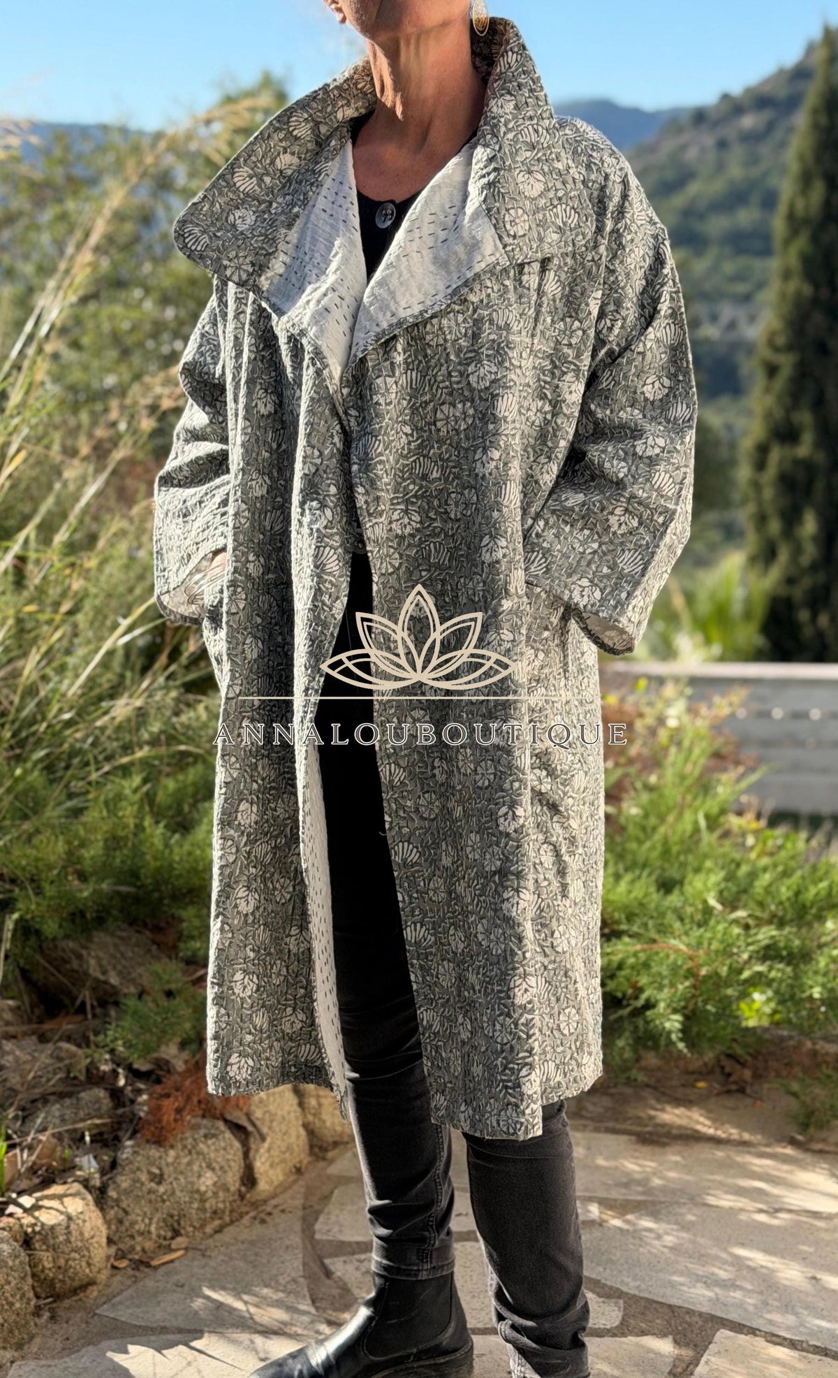 Boho Chic Oversized Jacket – Grey Floral Hand Block Statement Coat