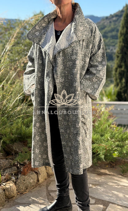 Boho Chic Oversized Jacket – Grey Floral Hand Block Statement Coat