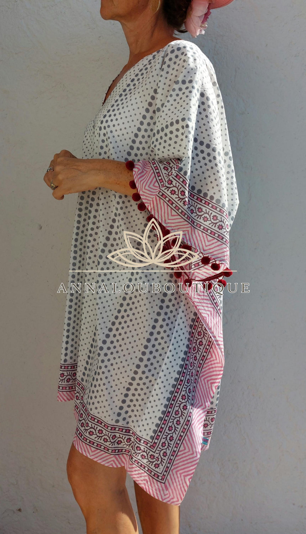 Hippie Chic Cotton Poncho Dress – Short Kaftan with V Neck for Beach & Pool Parties
