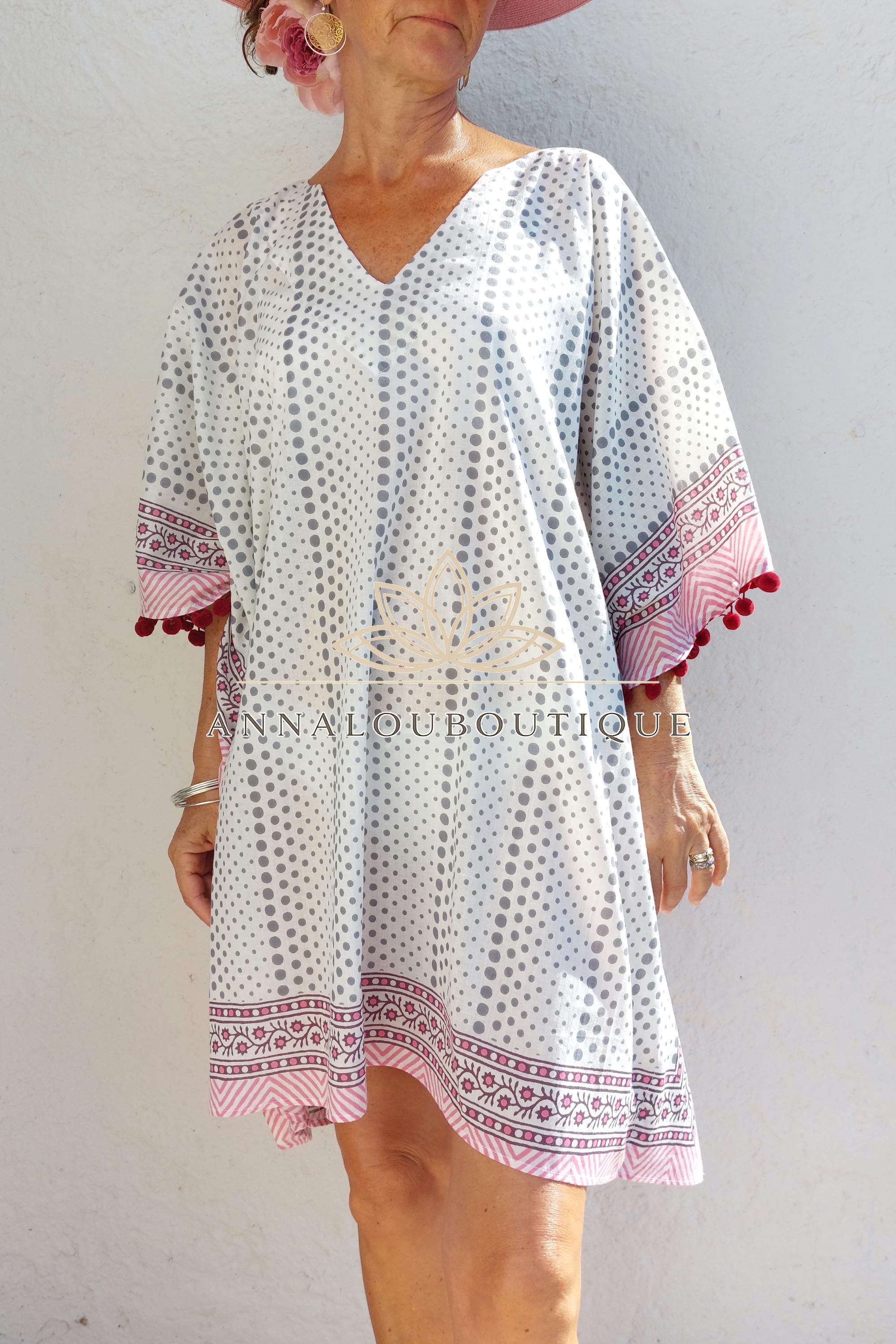 Hippie Chic Cotton Poncho Dress – Short Kaftan with V Neck for Beach & Pool Parties