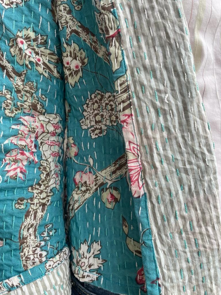 Turquoise Pink Floral Cotton Jacket, Kimono Style Summer Jacket, Lightweight Bohemian Layer, Striped Cotton Lining, Casual Chic Women’s Wear