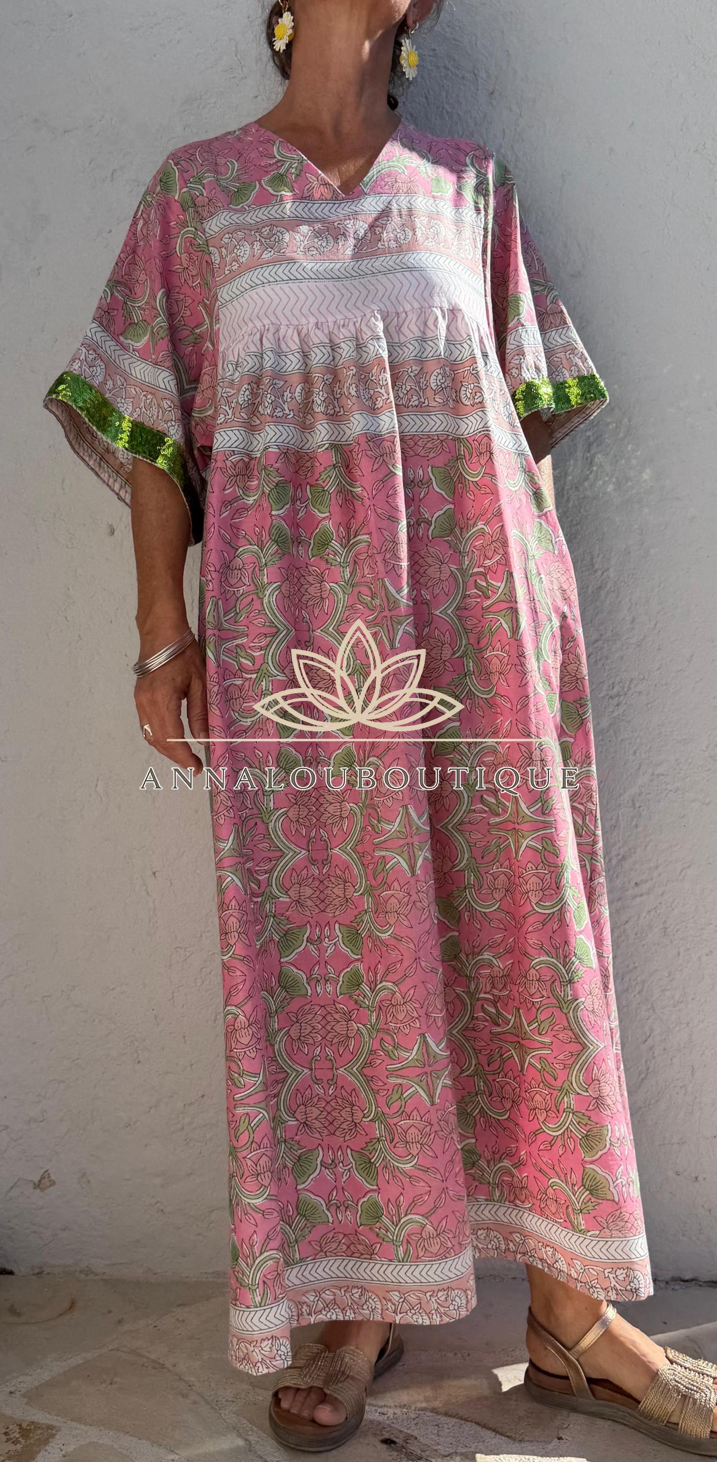Pink Green Floral Cotton Maxi Dress, Oversized Soft Cotton Summer Dress,Resort Wear for Women,Bohemian Dress with Sequin Lace Sleeve Details
