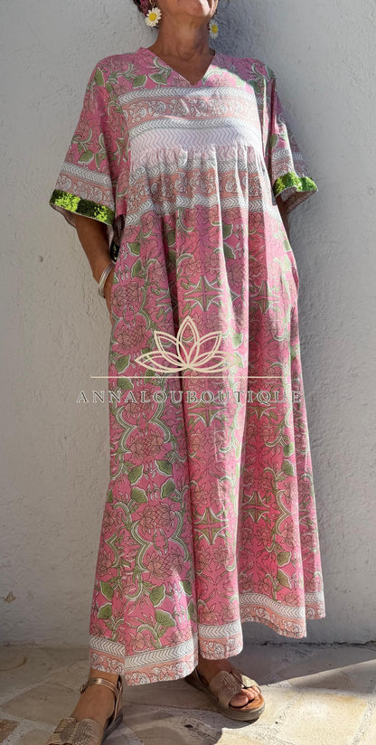 Loose pink and green dress with sequin sleeves