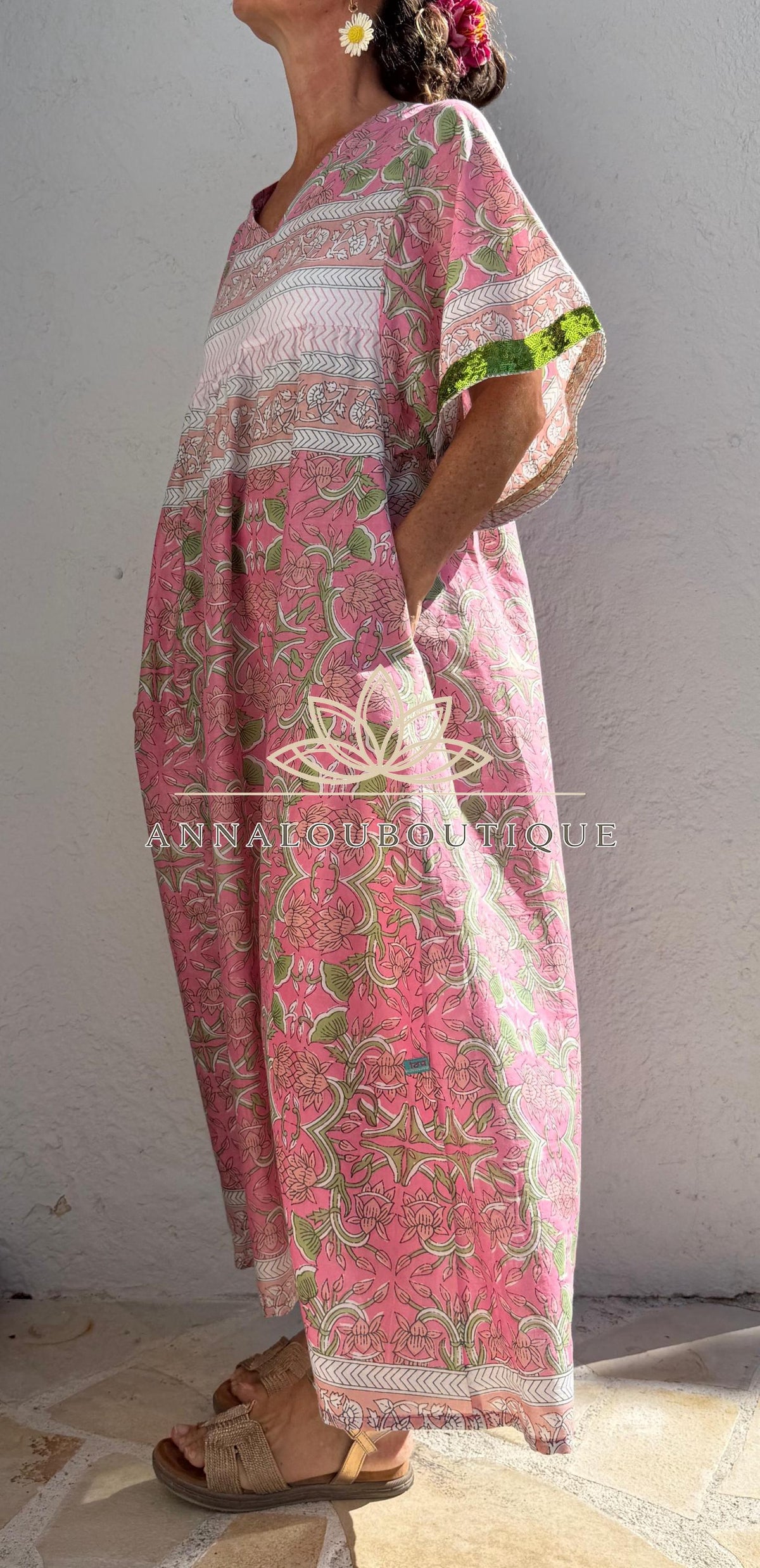 Loose pink and green dress with sequin sleeves