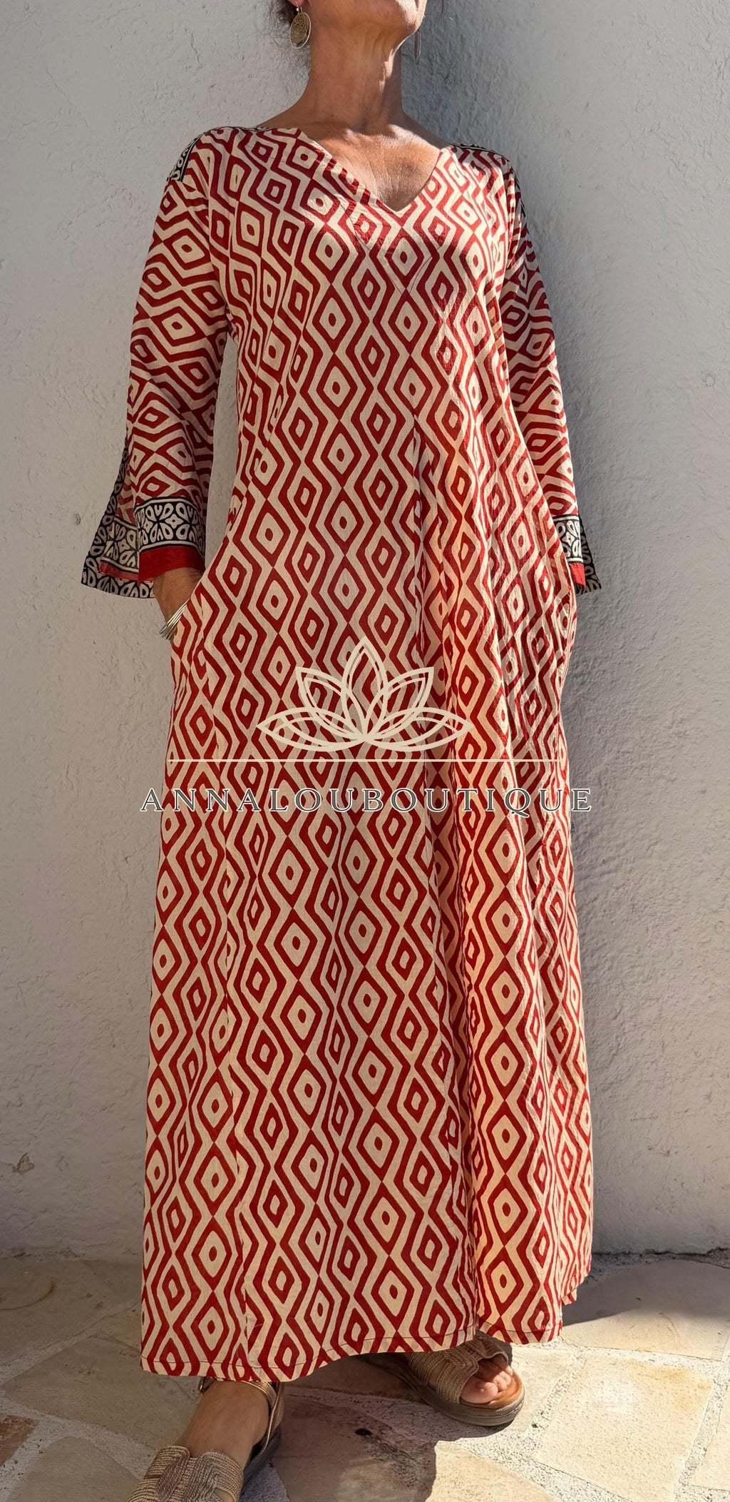 Rust Beige Diamond Cotton Kaftan Dress, Soft Cotton Maxi Dress, Bohemian Summer Outfit, Flowy Resort Wear, Lightweight Women’s Fashion