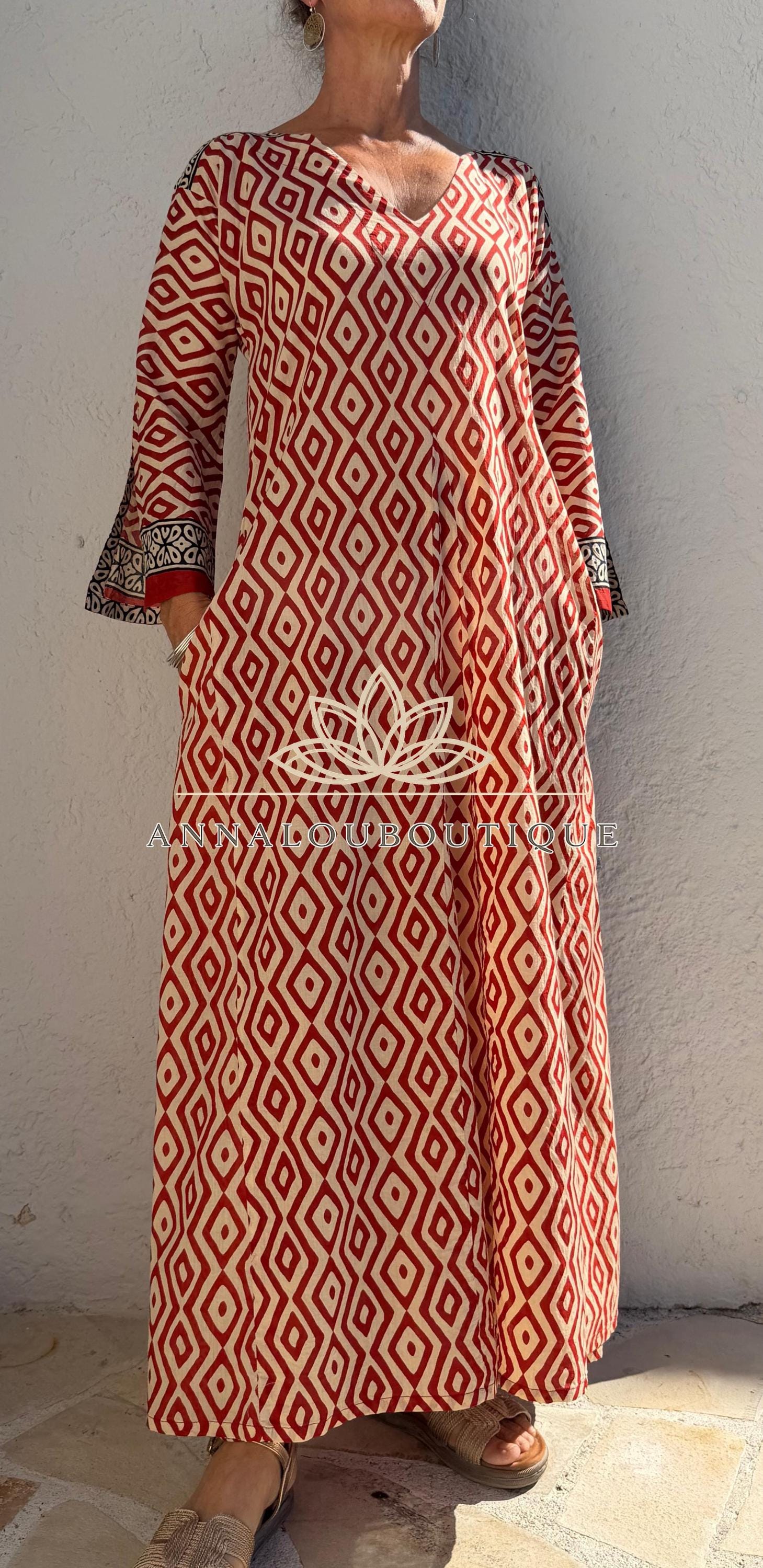 Rust Beige Diamond Cotton Kaftan Dress, Soft Cotton Maxi Dress, Bohemian Summer Outfit, Flowy Resort Wear, Lightweight Women’s Fashion
