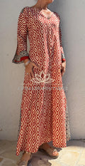 Rust Beige Diamond Cotton Kaftan Dress, Soft Cotton Maxi Dress, Bohemian Summer Outfit, Flowy Resort Wear, Lightweight Women’s Fashion