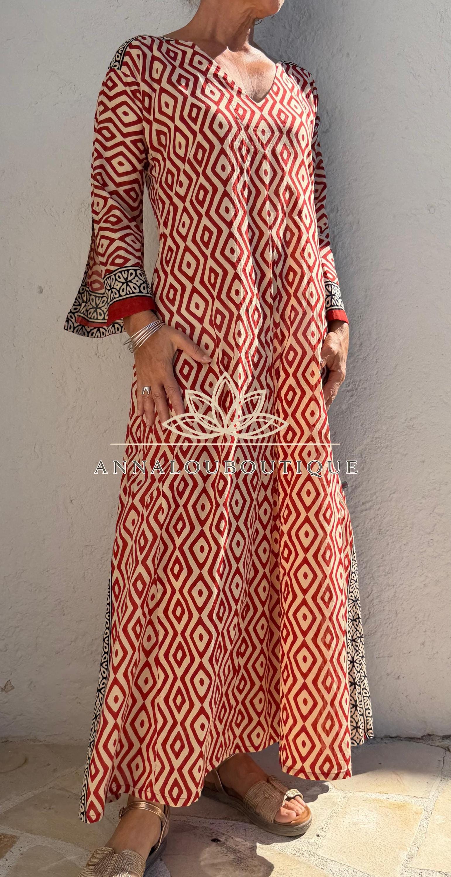 Rust Beige Diamond Cotton Kaftan Dress, Soft Cotton Maxi Dress, Bohemian Summer Outfit, Flowy Resort Wear, Lightweight Women’s Fashion