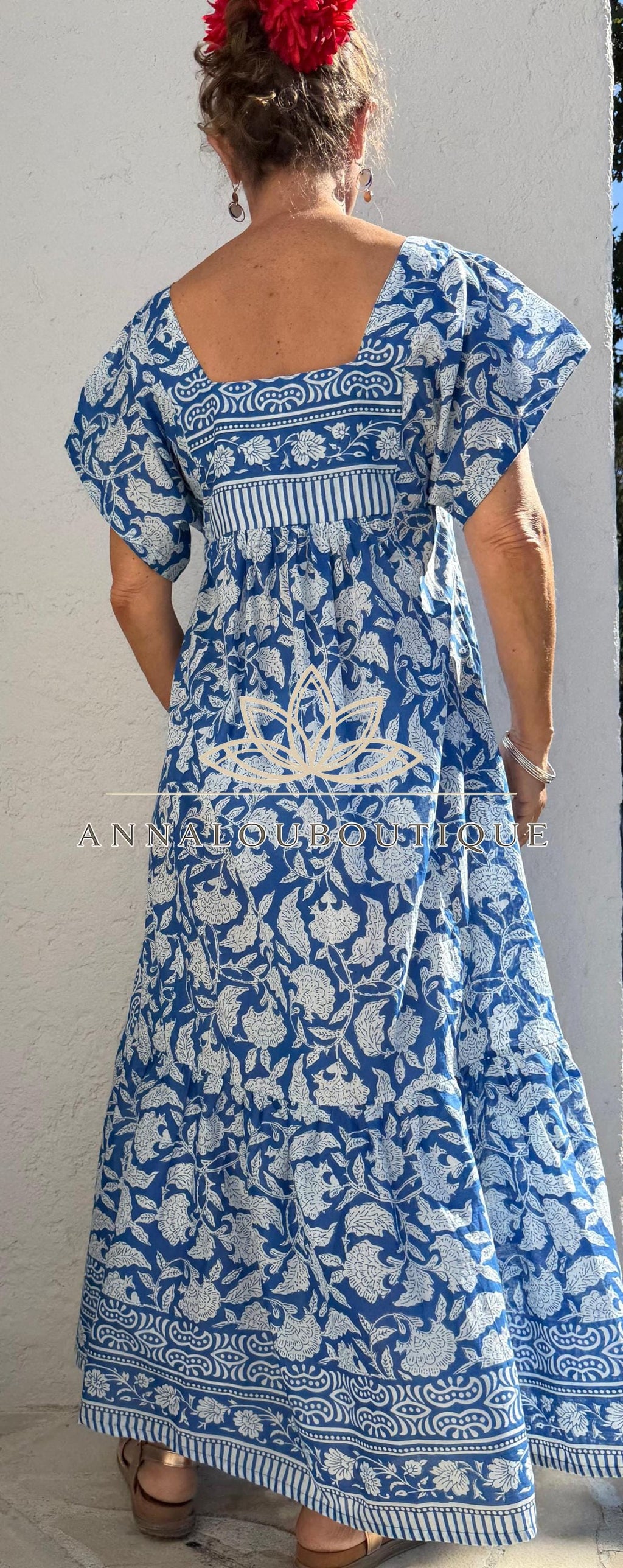 Navy Blue Floral Maxi Dress, Handmade Cotton Summer Dress, Flowy Bohemian Resort Wear, Lightweight Women’s Clothing, Limited Edition