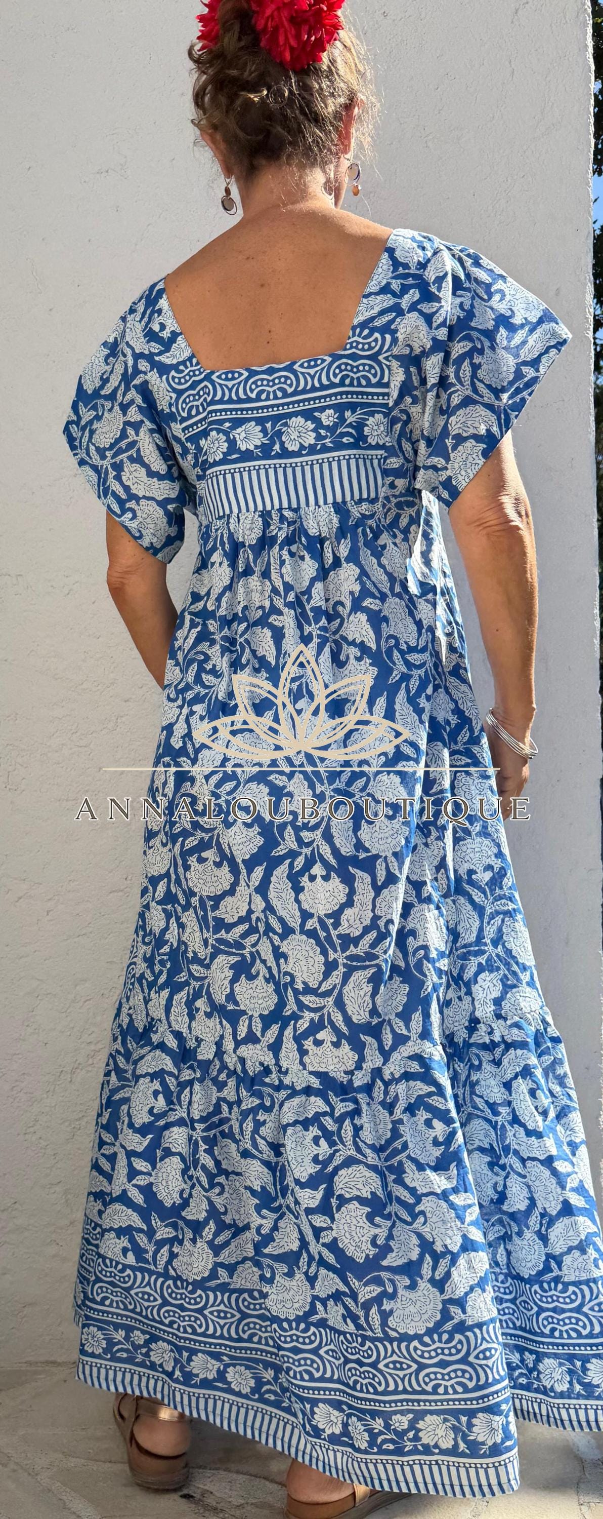 Navy Blue Floral Maxi Dress, Handmade Cotton Summer Dress, Flowy Bohemian Resort Wear, Lightweight Women’s Clothing, Limited Edition