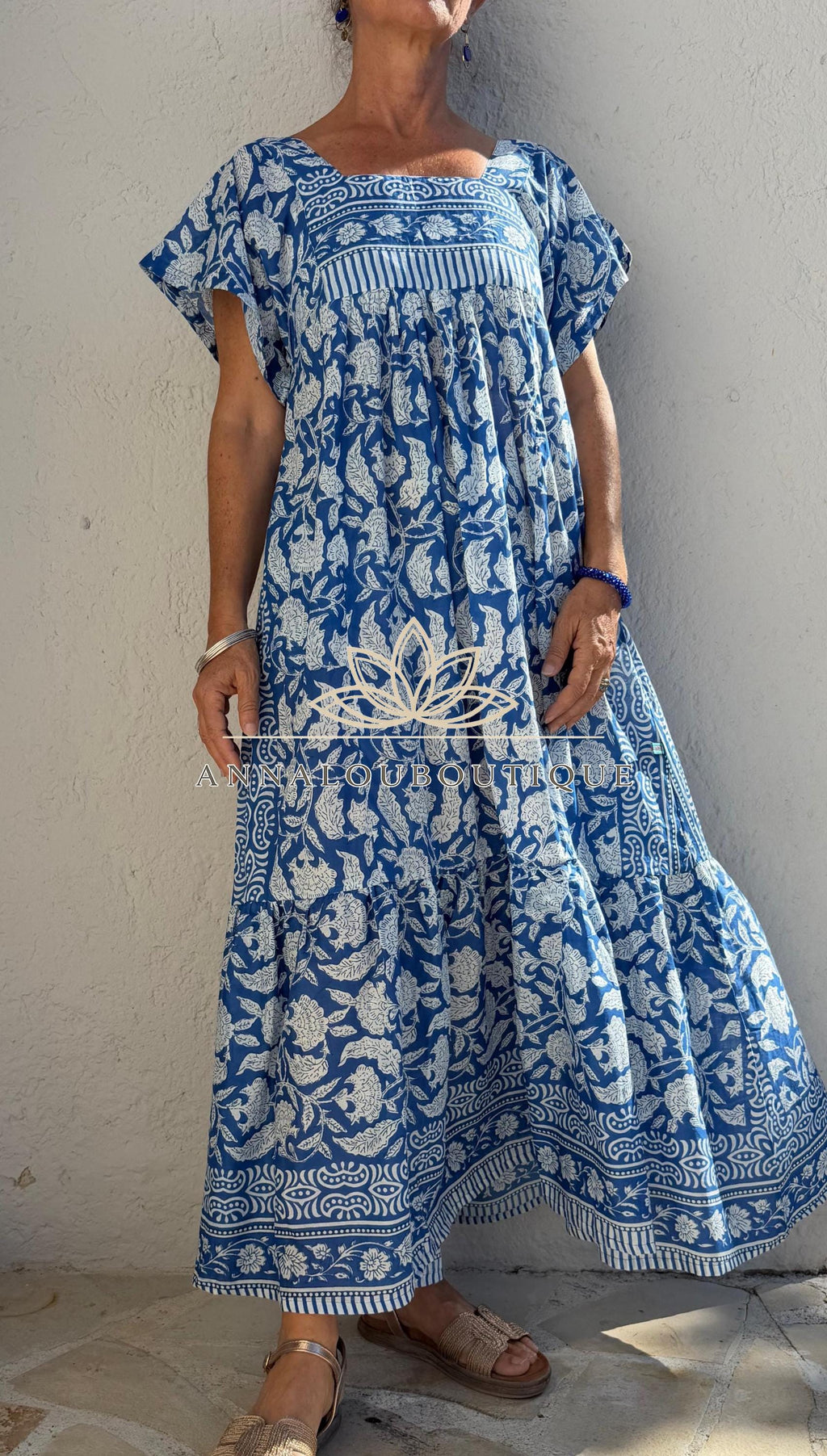 Navy Blue Floral Maxi Dress, Handmade Cotton Summer Dress, Flowy Bohemian Resort Wear, Lightweight Women’s Clothing, Limited Edition