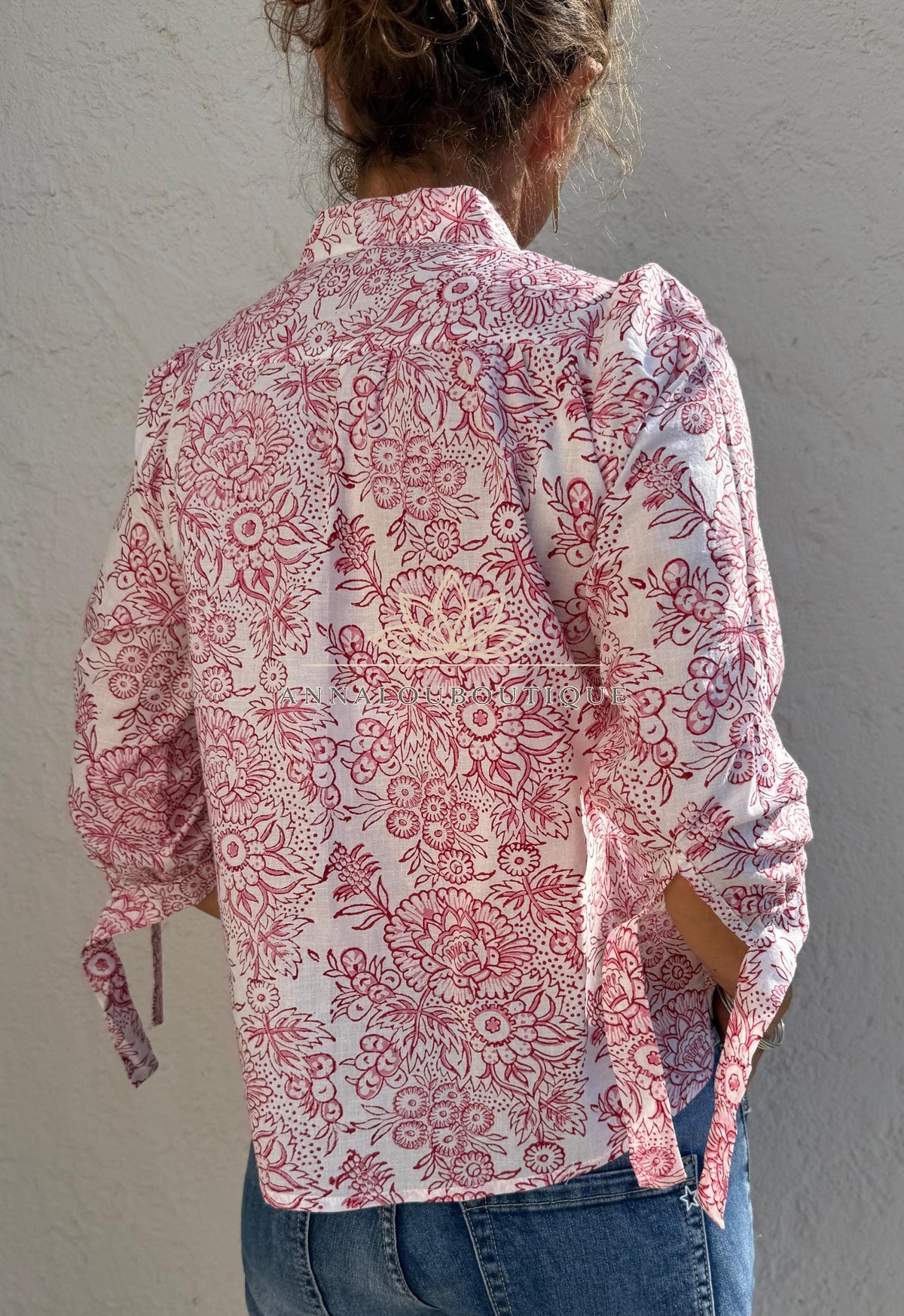 White & Pink Floral Cotton Blouse – Soft Cotton Shirt, Pleated Front Top, Mao Collar Blouse, Boho Chic Everyday Wear