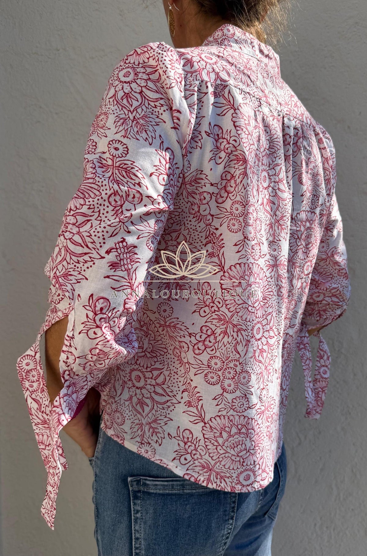 White & Pink Floral Cotton Blouse – Soft Cotton Shirt, Pleated Front Top, Mao Collar Blouse, Boho Chic Everyday Wear