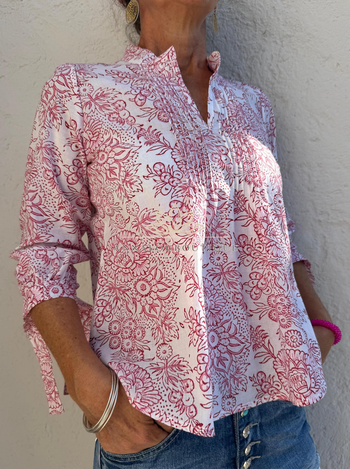 White & Pink Floral Cotton Blouse – Soft Cotton Shirt, Pleated Front Top, Mao Collar Blouse, Boho Chic Everyday Wear
