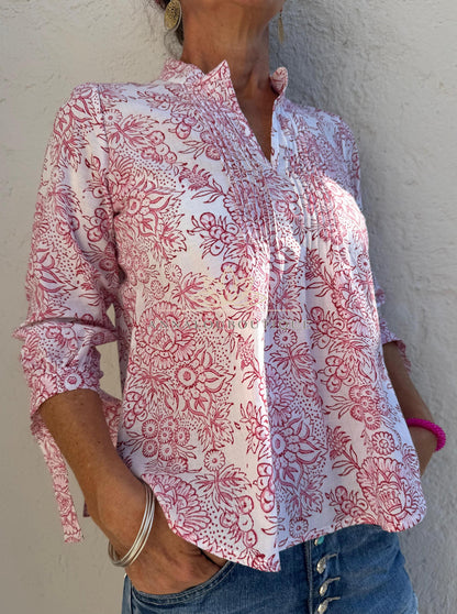 White & Pink Floral Cotton Blouse – Soft Cotton Shirt, Pleated Front Top, Mao Collar Blouse, Boho Chic Everyday Wear