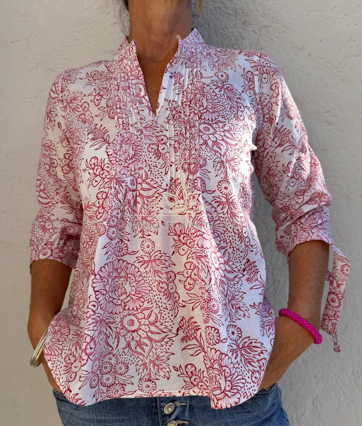 White & Pink Floral Cotton Blouse – Soft Cotton Shirt, Pleated Front Top, Mao Collar Blouse, Boho Chic Everyday Wear