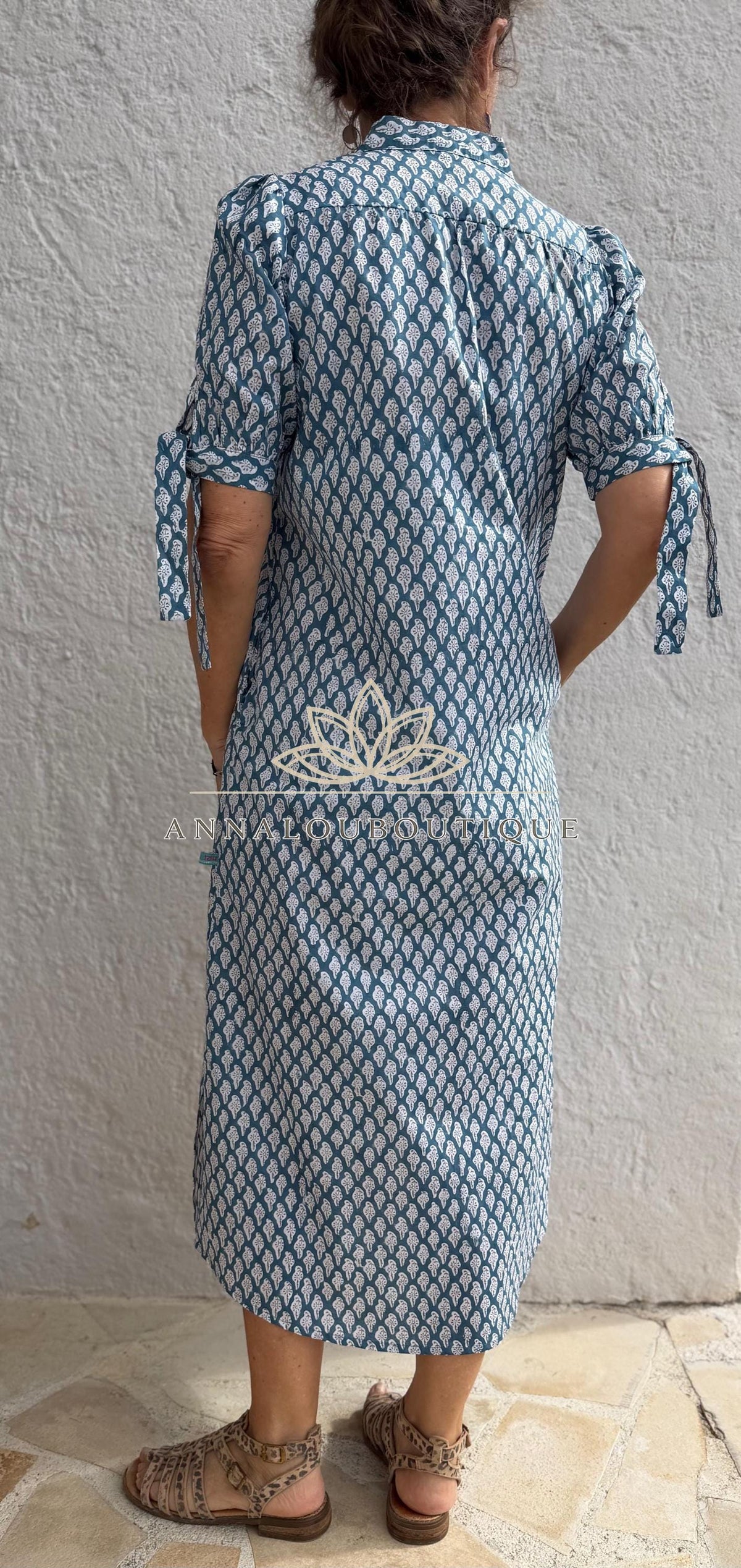 pleat long dress in cotton hand block printed, bluegreycolor,paisley pattern,short balloon sleeves,casual summer dress with pockets