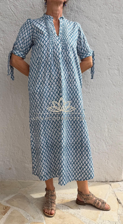 pleat long dress in cotton hand block printed, bluegreycolor,paisley pattern,short balloon sleeves,casual summer dress with pockets