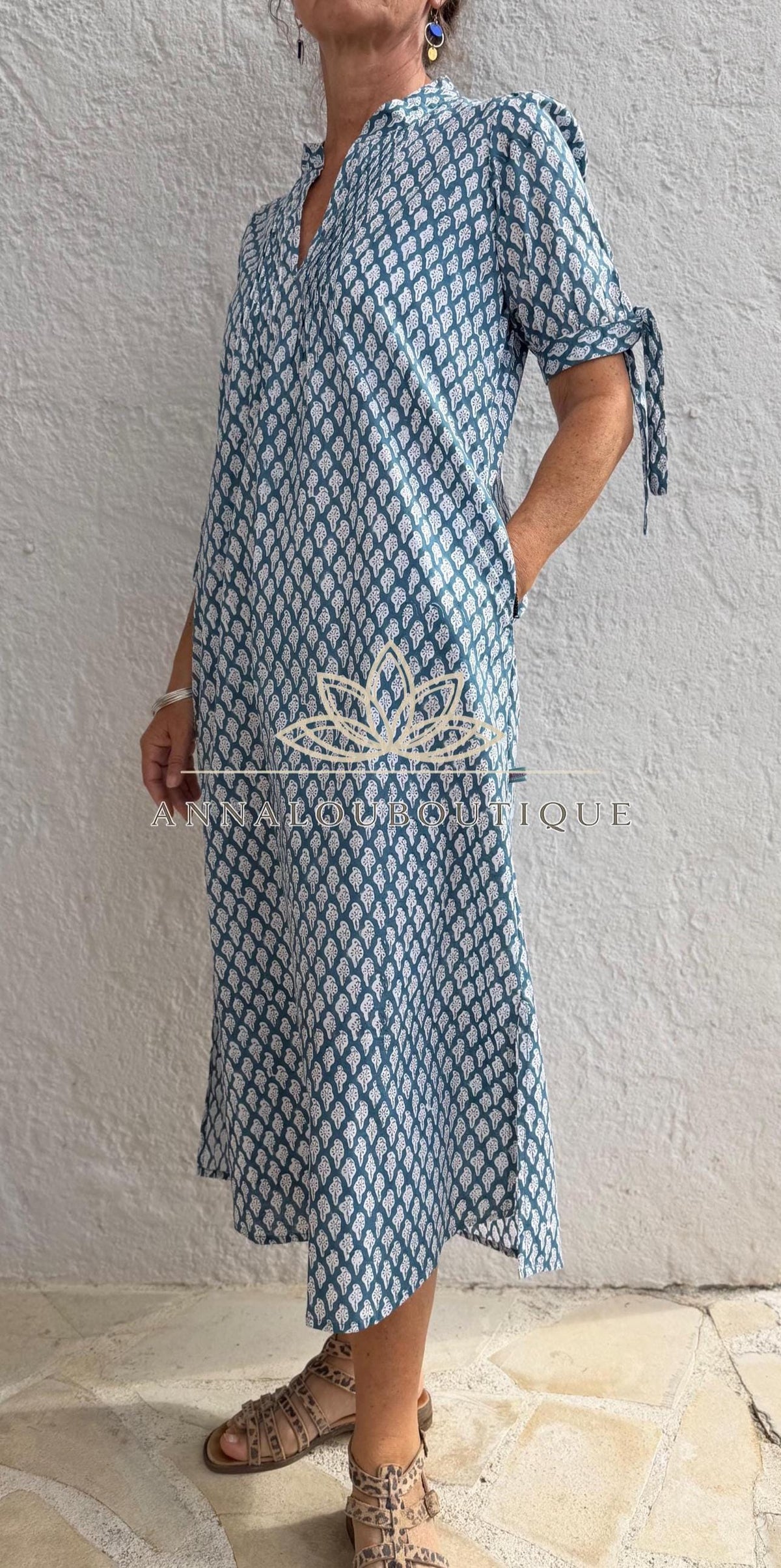 pleat long dress in cotton hand block printed, bluegreycolor,paisley pattern,short balloon sleeves,casual summer dress with pockets