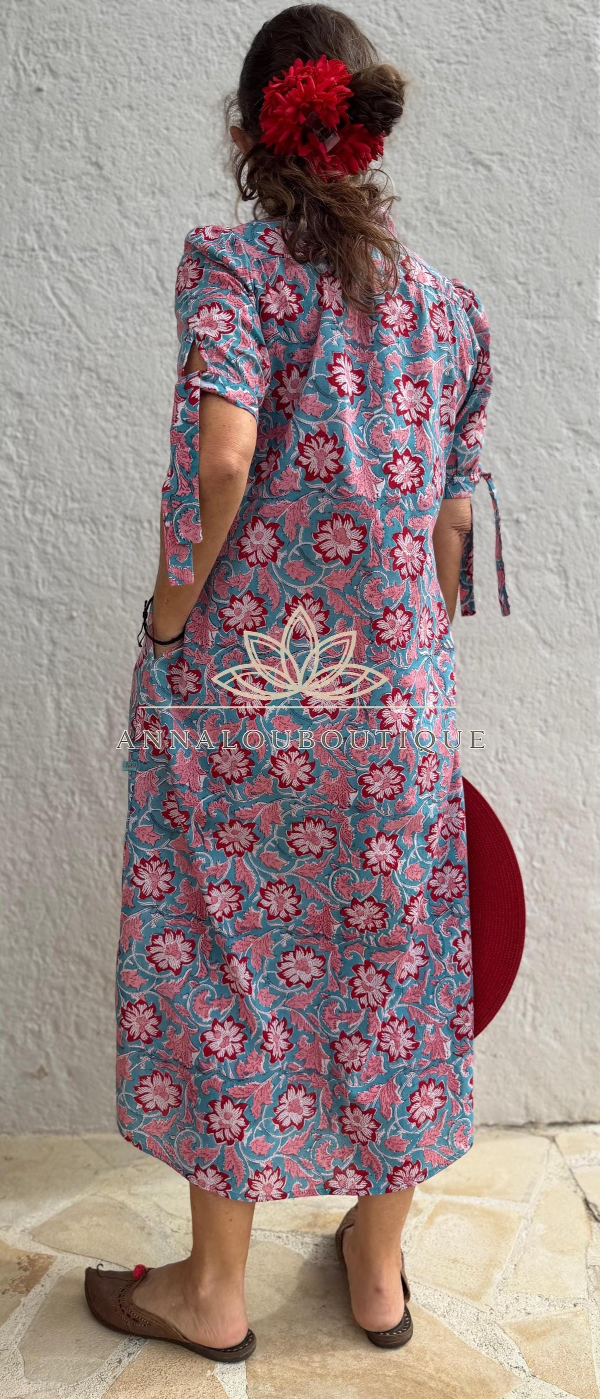 pleat long dress in hand block printed cotton,floral pattern in the shades of pink,red and blue,casual summer outfit