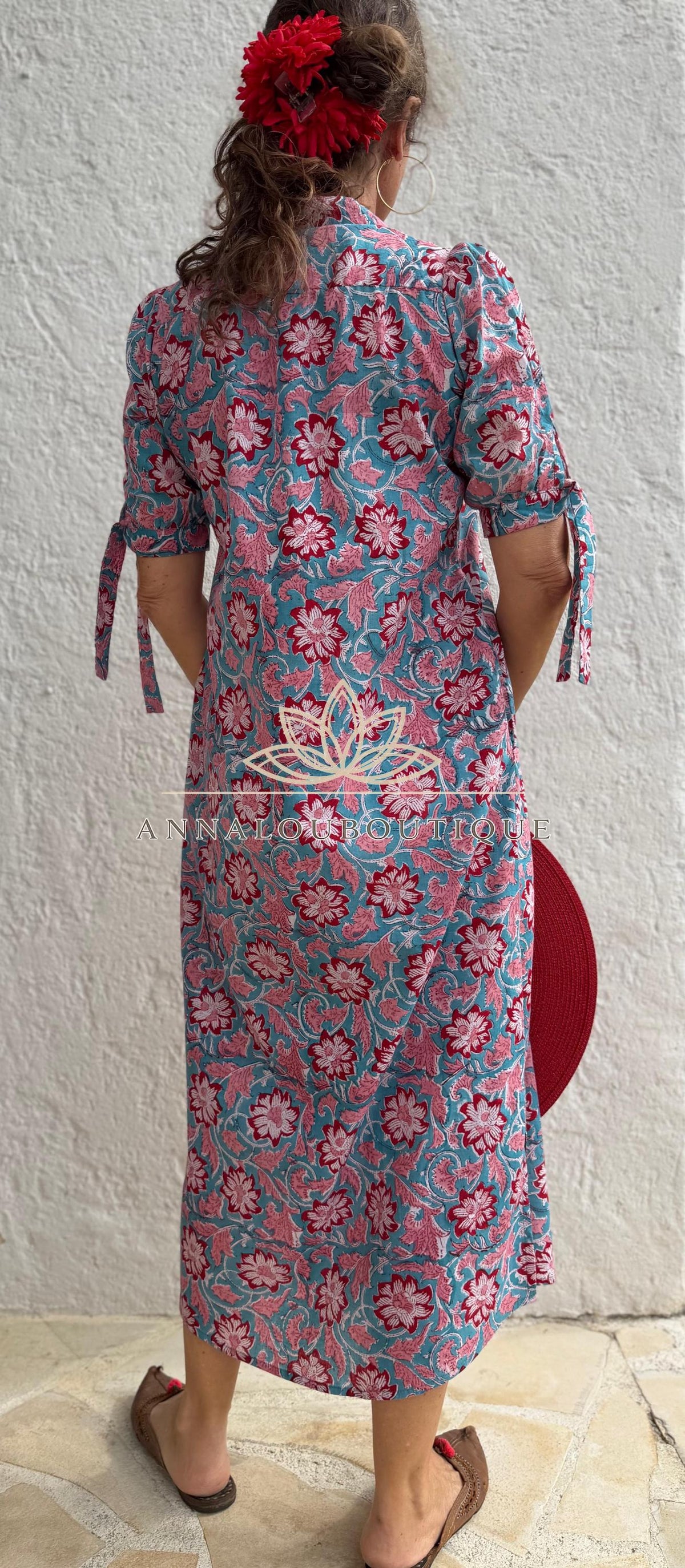 pleat long dress in hand block printed cotton,floral pattern in the shades of pink,red and blue,casual summer outfit