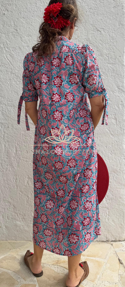 pleat long dress in hand block printed cotton,floral pattern in the shades of pink,red and blue,casual summer outfit