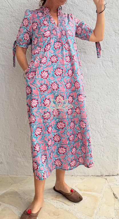 pleat long dress in hand block printed cotton,floral pattern in the shades of pink,red and blue,casual summer outfit